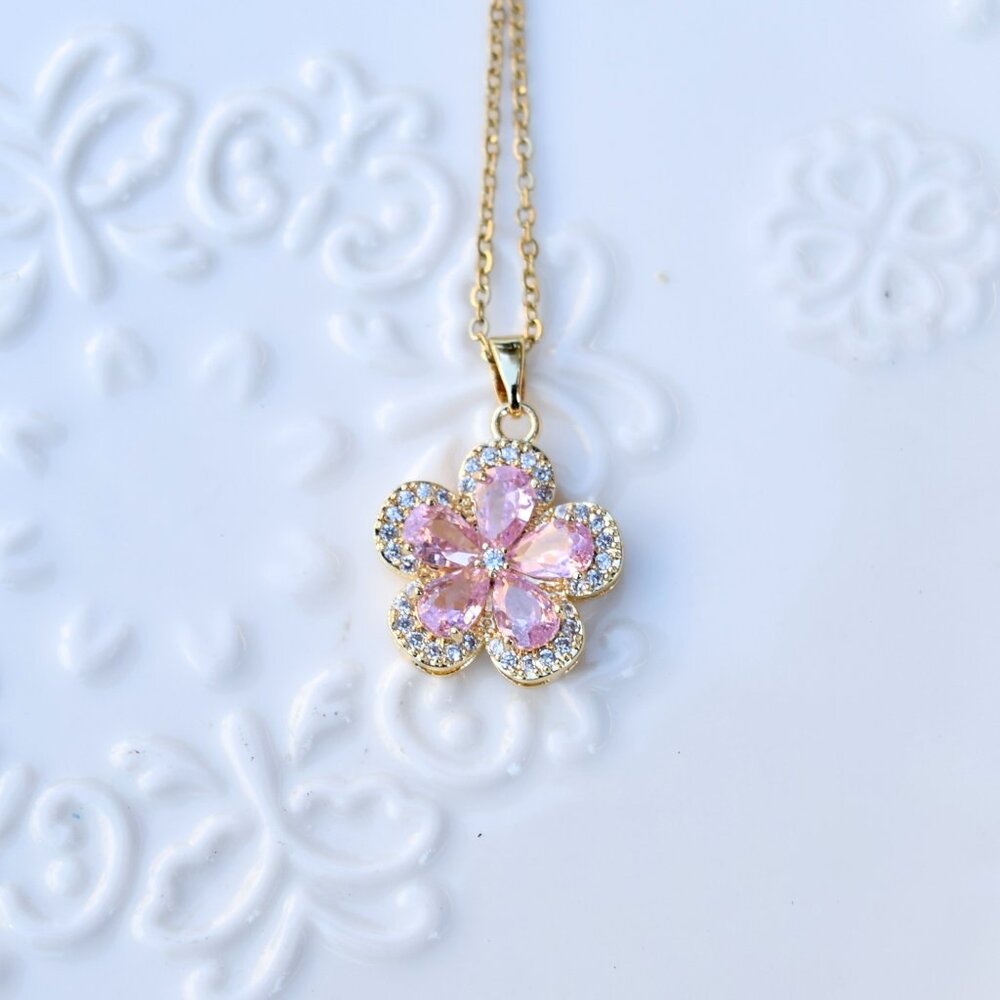 Pink Flower Pendant Necklace - Stainless Steel Necklace